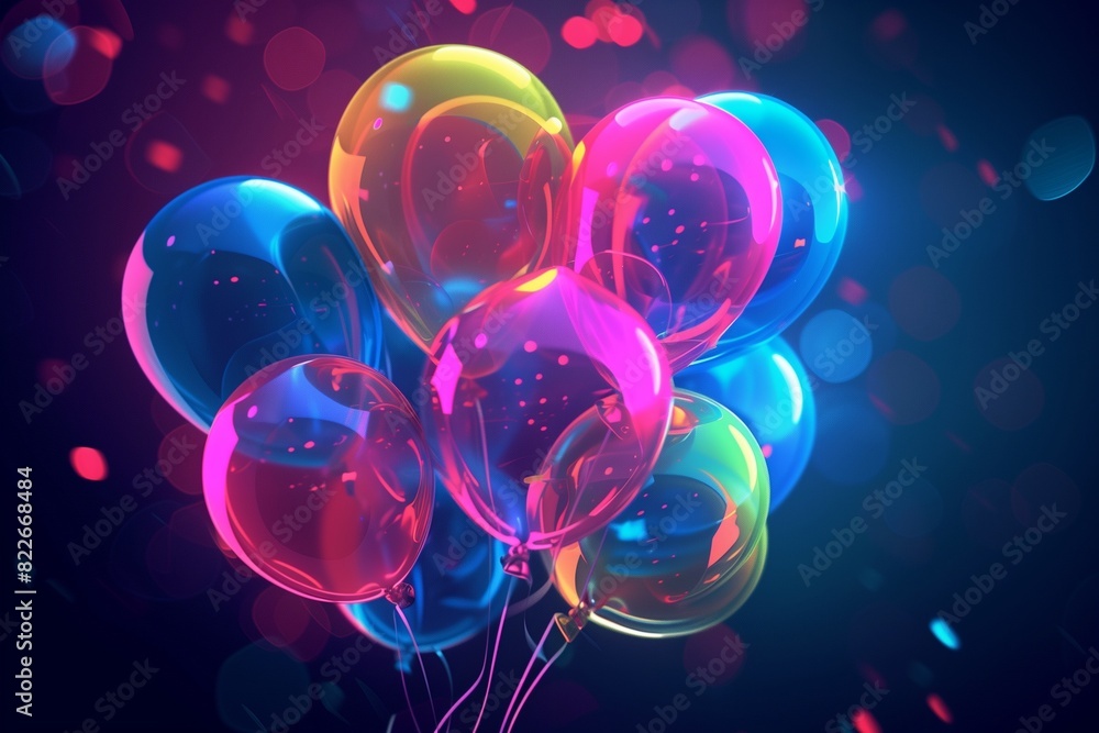 : A playful abstract background featuring balloons in neon colors, glowing brightly against a dark, midnight blue background, creating a vibrant and energetic nightlife scene. : A playful abstract background featuring balloons in neon colors, glowing brightly against a dark, midnight blue background, creating a vibrant and energetic nightlife scene.