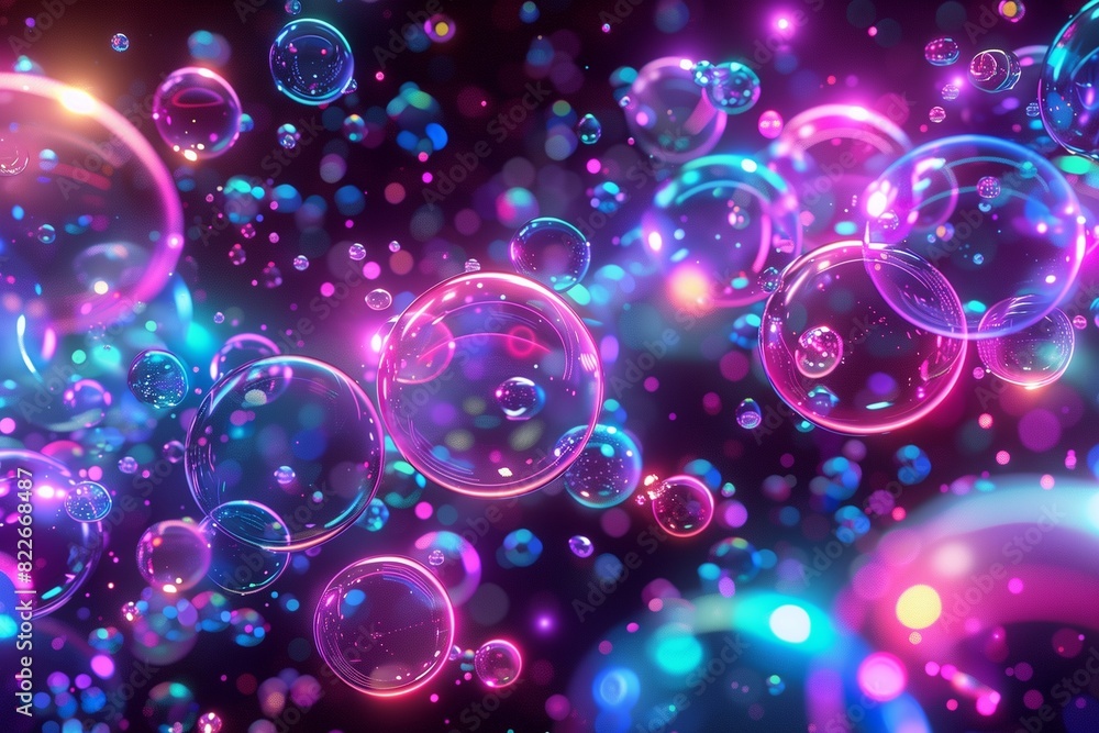 : A playful abstract background filled with bright neon bubbles against a dark backdrop, creating a lively, energetic, and futuristic vibe. : A playful abstract background filled with bright neon bubbles against a dark backdrop, creating a lively, energetic, and futuristic vibe.