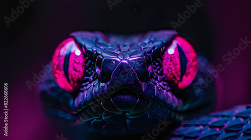 
Close-up of a snake with glowing pink eyes and a dark, textured body, creating a dramatic and eerie effect. Ideal for wildlife photography, creative art, and fantasy-themed projects. photo