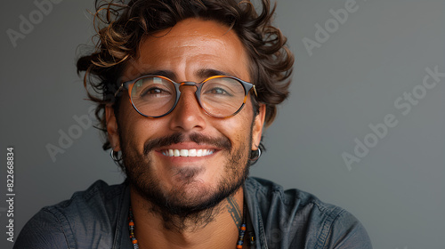 Latin Mexican man smiles at the camera in a portrait, happy, handsome and he is a model, he wears glasses