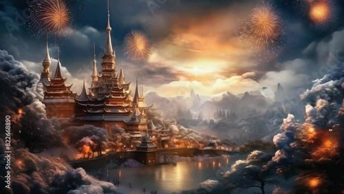 A majestic temple complex illuminated by vibrant fireworks in the evening sky, surrounded by mystical mountains and a serene lake, evoking celebration, tradition, and mystical ambiance. photo