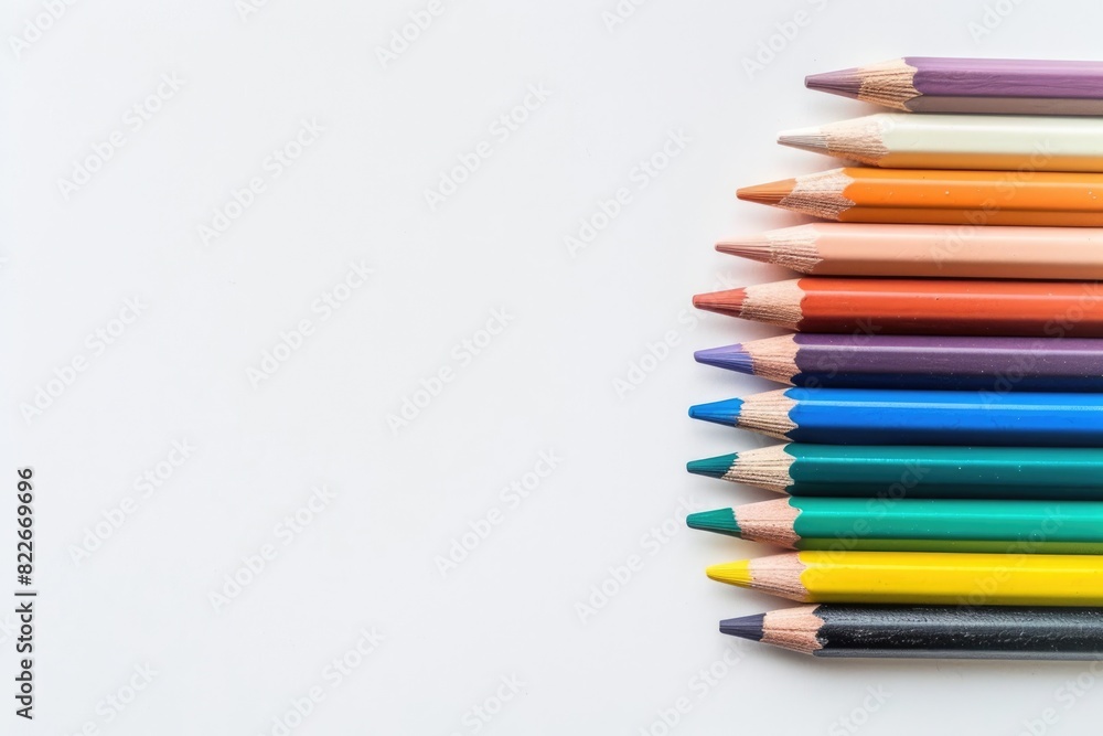 Colored Pencils On White. Row of Colourful Crayons with Copy Space on Isolated White Background Colored Pencils On White. Row of Colourful Crayons with Copy Space on Isolated White Background