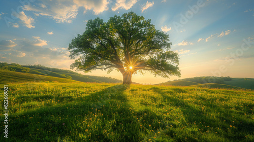 A majestic lone tree in a lush green meadow  sunbeams piercing through branches at dawn.