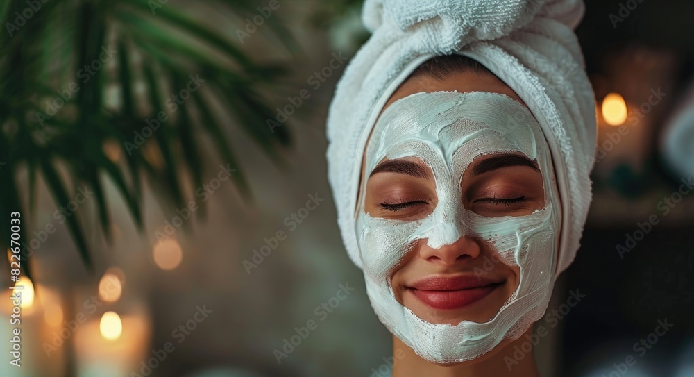 Skin Care Facial. Smiling Woman with Mask Rejuvenating Spa Routine Skin Care Facial. Smiling Woman with Mask Rejuvenating Spa Routine