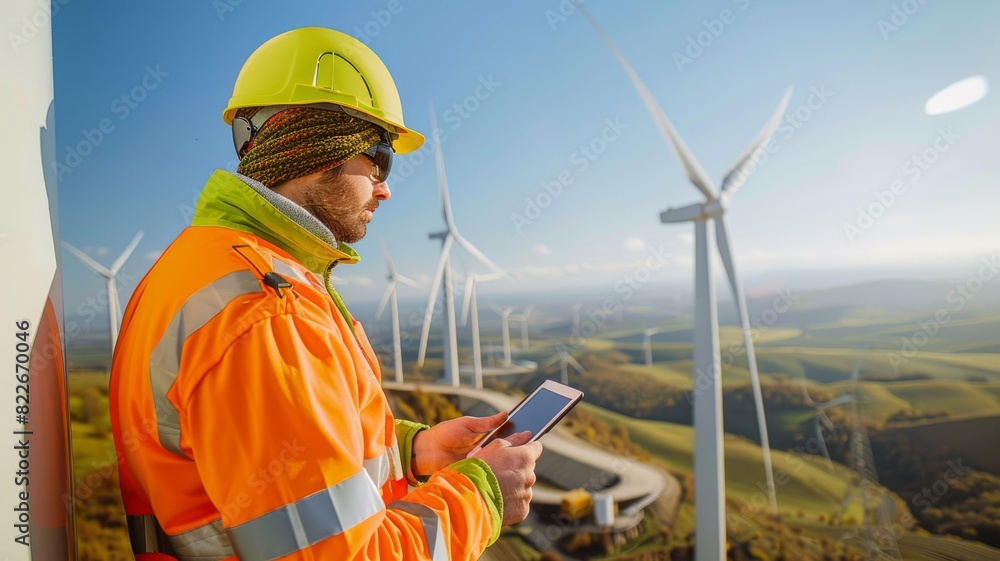 A man in a yellow hard hat is looking at a tablet while standing near a wind far A man in a yellow hard hat is looking at a tablet while standing near a wind far