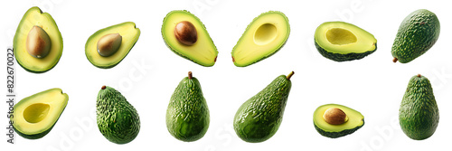 Avocado, different angles and views, side top front cut, isolated on transparent background photo