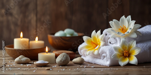 Spa setting with candles , towels and flowers