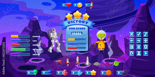 Space game kit, set buttons for games and app, UI. Spaceman kit constructor in cartoon style
