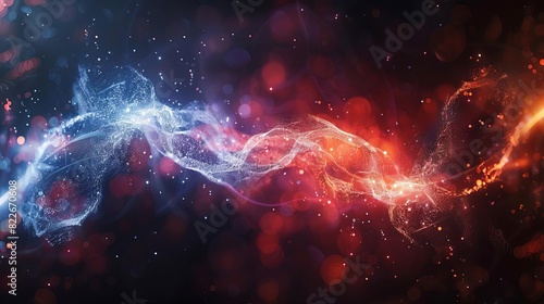 A visualization of two particles entangled with each other, connected by a glowing line,