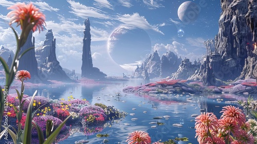 A watercovered exoplanet with floating islands and alien marine life, photo