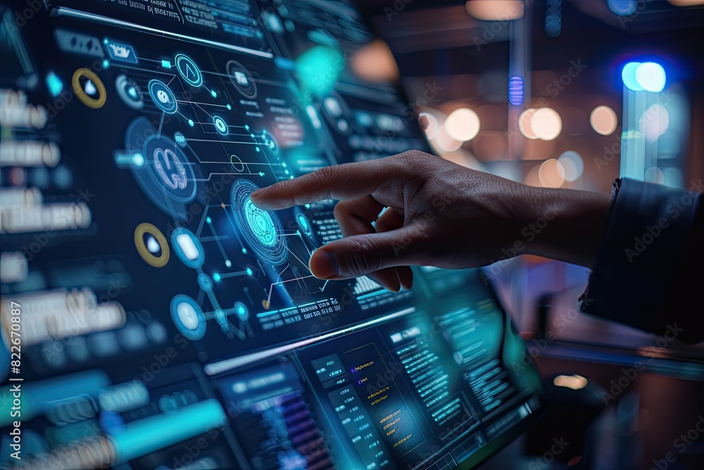 Engineer interacting with advanced humanoid robot in a high-tech laboratory, analyzing data on a futuristic digital screen with holographic interface Engineer interacting with advanced humanoid robot in a high-tech laboratory, analyzing data on a futuristic digital screen with holographic interface