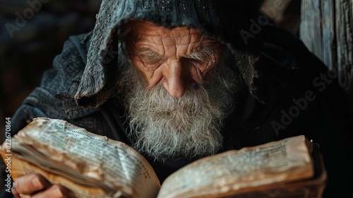 A wise sage reading a prophecy from an ancient book of wisdom, photo