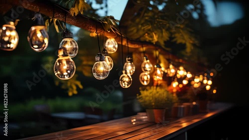 Decorative outdoor string lights hanging on tree in the garden at night time photo