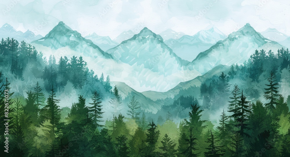 Pine Mountains. Serene Landscape featuring Majestic Mountains, Pine Trees, and Lush Greenery in