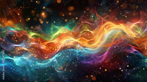An abstract depiction of quantum entanglement with colorful, intertwining waves and particles, © Nawarit
