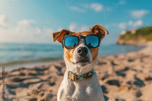 A funny dog lies on the beach by the sea wearing sunglasses. photo