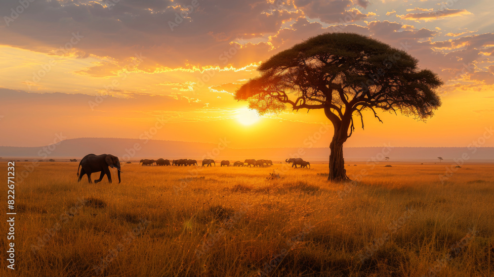 A herd of elephants walks under a majestic sunset in the African savannah, near an iconic acacia tree.