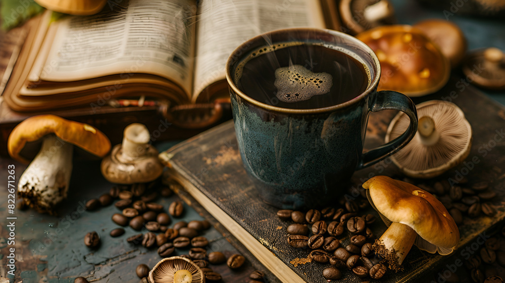 A cup of mushroom coffee on the table, surrounded by an assortment of mushrooms and coffee beans, blending healthy ingredients with a cozy atmosphere. A cup of mushroom coffee on the table, surrounded by an assortment of mushrooms and coffee beans, blending healthy ingredients with a cozy atmosphere.