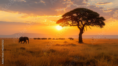 A herd of elephants walks under a majestic sunset in the African savannah  near an iconic acacia tree.