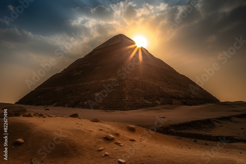 Breathtaking view of the sun setting perfectly atop an iconic pyramid in egypt