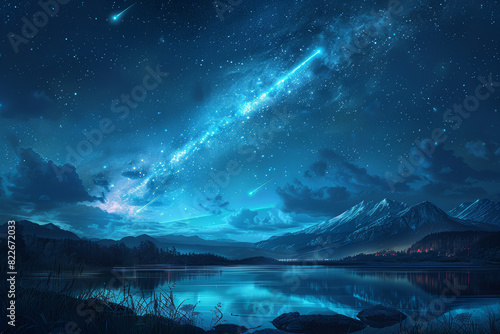 A dazzling meteor shower illuminating the night sky, its celestial display awe-inspiring and humbling. Concept of natural spectacle and wonder. Generative Ai.