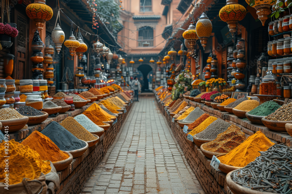 Fototapeta premium A vibrant street market bustling with activity, its stalls overflowing with exotic spices, textiles, and trinkets. Concept of cultural richness and diversity. Generative Ai.