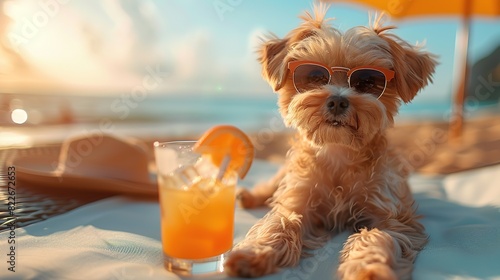 A happy dog in sunglasses lies on a sunbed under an umbrella on a sandy beach by the sea.