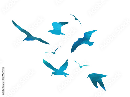 Flying blue seagulls silhouette. hand drawing. Not AI, Vector illustration