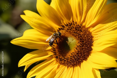 Close up of a bee pollinating a bright and vibrant yellow sunflower in a natural outdoor garden setting © juliars