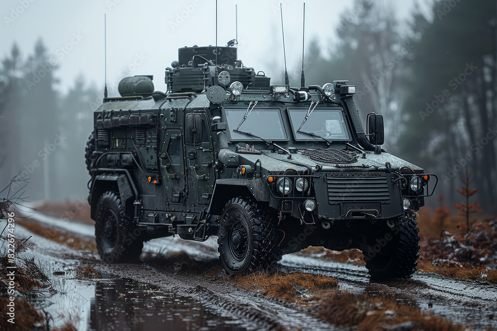 Fototapeta premium Advanced electronic warfare vehicle disrupting enemy communications and radar systems with sophisticated jamming technology. Concept of cyber warfare and electronic countermeasures. Generative Ai.