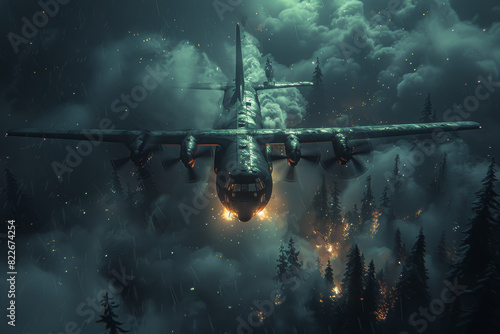 Special forces transport plane dropping elite troops behind enemy lines under the cover of darkness. Concept of covert operations and rapid deployment. Generative Ai. photo