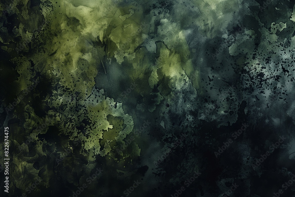 Fototapeta premium : An abstract watercolor background with dark shades of olive and moss green, blending into deep shadows, creating a mysterious, forest-like environment.