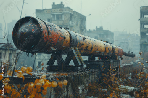 Anti-tank guided missile launcher hidden in the urban sprawl, ready to ambush enemy armor with lethal precision. Concept of urban warfare and anti-armor tactics. Generative Ai. photo