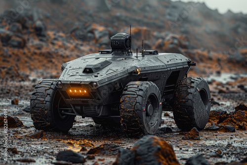 Unmanned ground vehicle equipped with remote-controlled weaponry, patrolling hostile territory with relentless vigilance. Concept of robotic warfare and autonomous defense. Generative Ai.