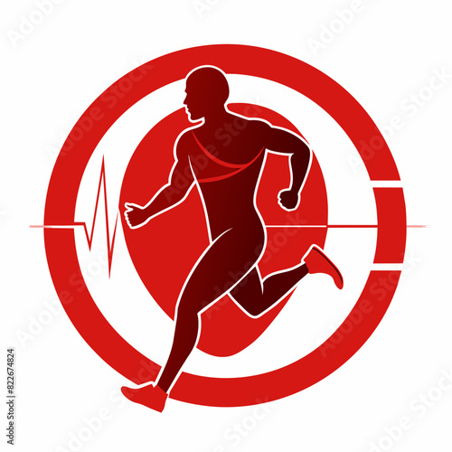 Silhouette of a man in running, joints pain with cardiogram. The joints are highlighted in a red circle. Vector image. logo. Circle logo