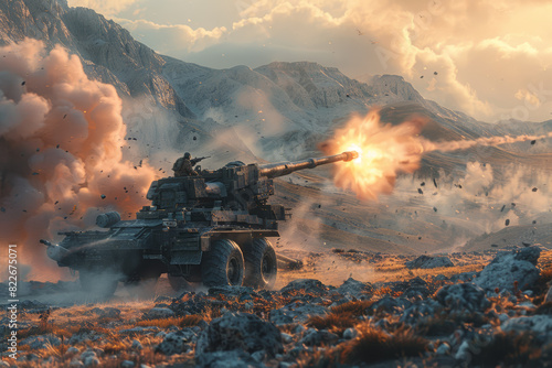 Field artillery howitzer firing high-explosive shells at distant targets, its crew adjusting aim based on battlefield conditions.  Generative Ai. photo