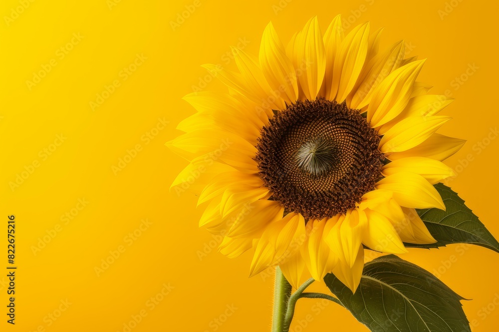 Obraz premium Single, bright sunflower blooms against a monochromatic yellow backdrop