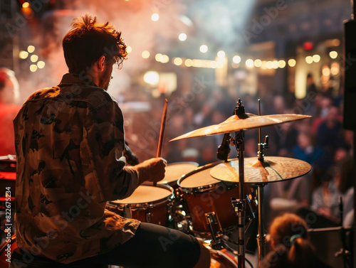 Musician playing drums on stage during music festival