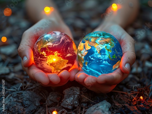 Two hands hold two glowing globes, one blue and one red, representing the Earth and a concept of duality. photo