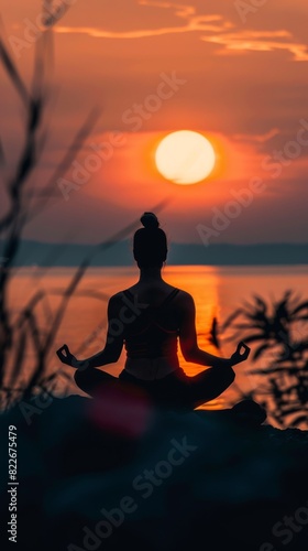 Woman sitting in a lotus position on a rock. Meditating concept backgropund. Vertical background 