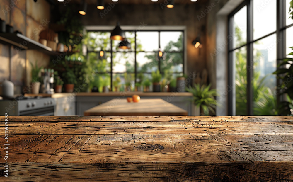 Wooden texture table top on blurred kitchen window background. Studio photo for product display or design key visual layout. For showcase or montage your items (or foods). Mock up. Generative AI Wooden texture table top on blurred kitchen window background. Studio photo for product display or design key visual layout. For showcase or montage your items (or foods). Mock up. Generative AI