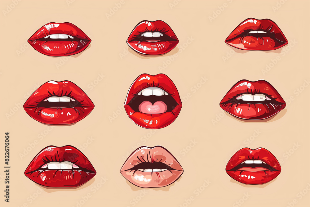 Array of Red Lips Expressing Various Emotions Array of Red Lips Expressing Various Emotions