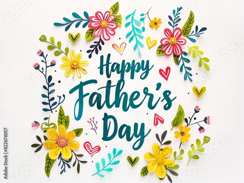 Happy Fathers Day greeting with calligraphic lettering. Festive design with typography and paper cut flowers. Summer holiday template. Modern style for banner, invitation, poster, flyer 