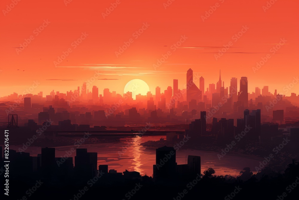 Digital art of a cityscape silhouette against a vivid orange sunset sky Digital art of a cityscape silhouette against a vivid orange sunset sky