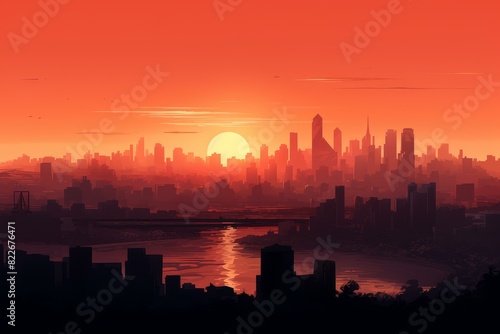 Digital art of a cityscape silhouette against a vivid orange sunset sky