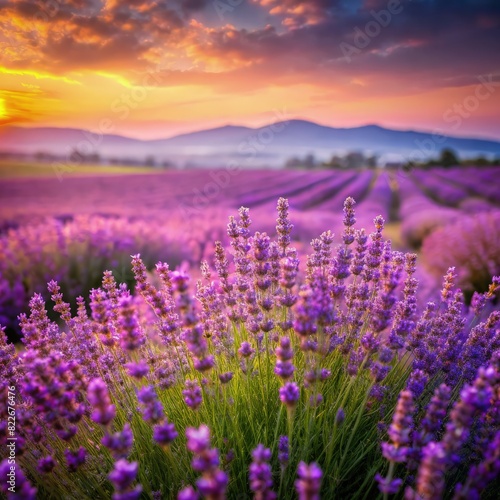 Lavender Field With Sunset Background. Generative AI