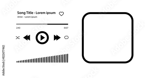 Music player Song plaque with buttons loading bar equalizer sign sound wave and frame for album photo. Trendy music player interface . Vector