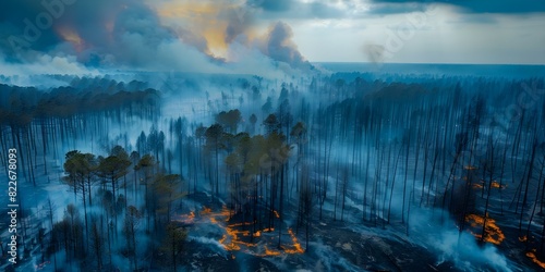 Pine forest ravaged by wildfire during dry season amid ongoing environmental crisis. Concept Forest Fires, Environmental Crisis, Pine Trees, Wildfire Destruction, Drought Impacts