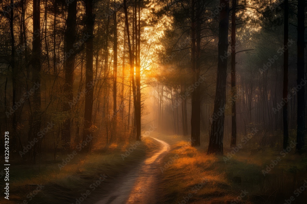 Naklejka premium Mystical sunrise illuminates a forest trail, casting shadows and light in a serene woodland