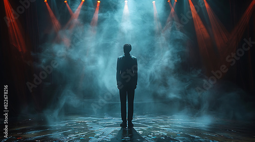 Actor in Spotlight Delivering Lines on Empty Stage photo
